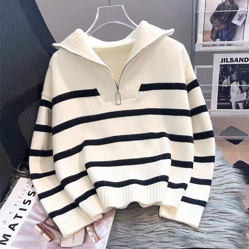 2024 Autumn and Winter New Striped Sweater Lapel Zipper Spliced Color Sweater Loose Slimming All-match Lazy Top White - Image 2