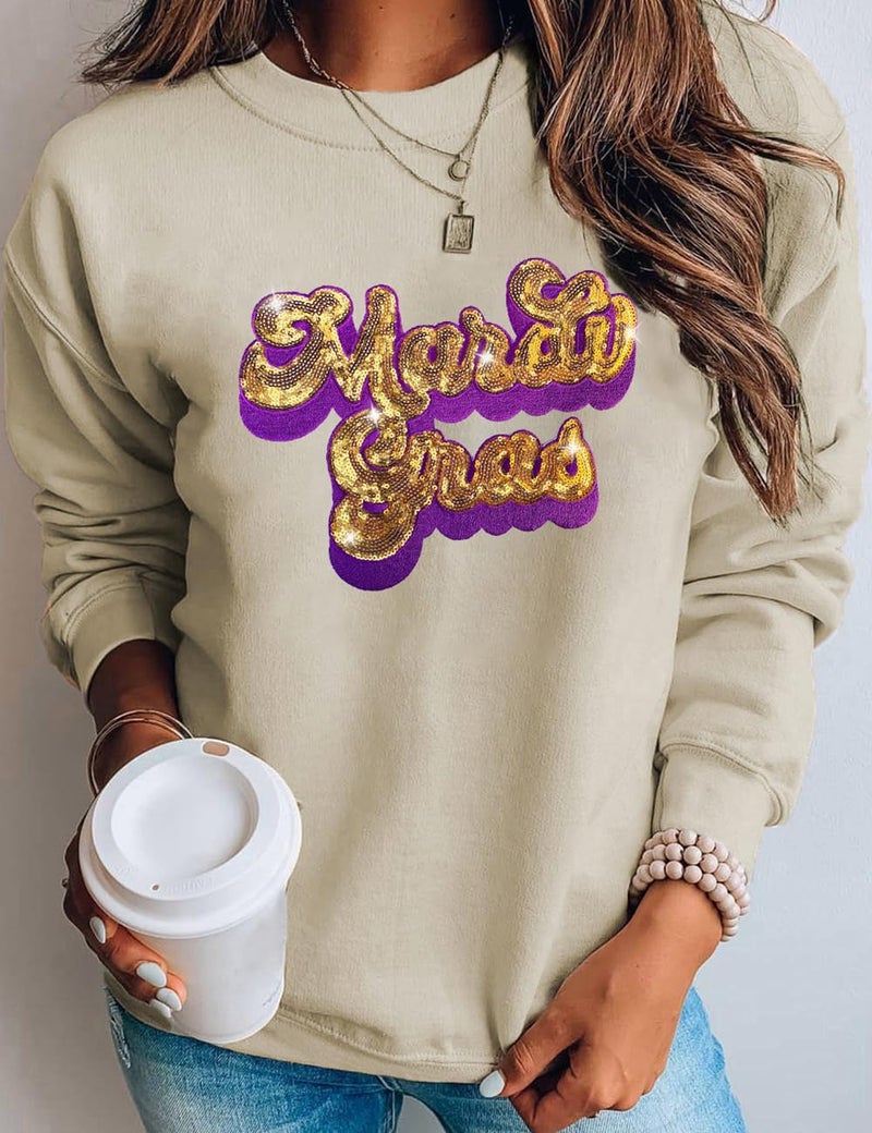 Ecosunny Women's Khaki Mardi Gras Sequin Embroidered Patch Sweatshirt Round Neck Long Sleeve Casual Print Holiday Tops - Image 2