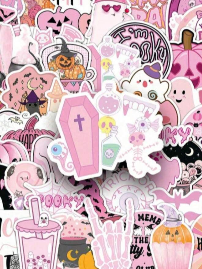 50pcs Pink Cute Halloween Stickers Ghost Stickers Halloween Decoration Halloween Gift Halloween Party Decor Waterproof Vinyl Stickers Bulk Pack Suitable For Skateboard Luggage Laptop Car Bumper Theme Party Supplies