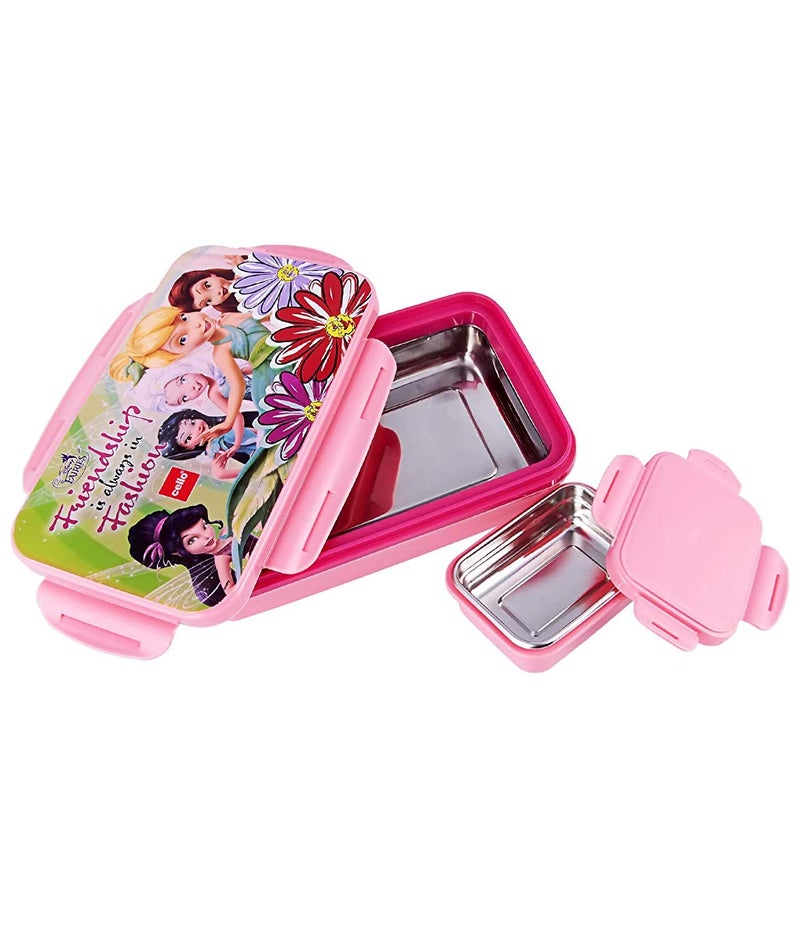 Cello CELLO HI-Lunch Small Deluxe Insulated Lunch Box with Inner Steel and Stainless Steel Veg Box, Attractive Fairies Print, Pink  - Image 1