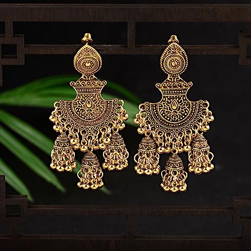 OIDIMS Jhumka Bell Tassel Earrings for Women Jhumki Traditional Ethnic Bollywood Indian Earring Vintage Statement Dangle Stud Bohemian Xmas Oxidized Antique Wedding Party Festival Jewelry Gift (Gold-Tone) - Image 5