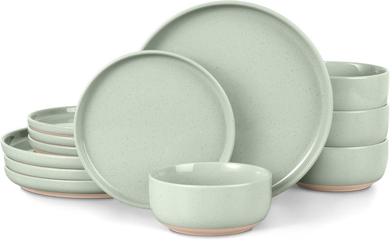 LIANYU Porcelain Dinnerware Set for 4 12 PC Stoneware Dinner Plates and Bowls Ceramic Dining Dishes Set for Dessert Salad Pasta Microwave  Dishwasher Safe Fog Green - Image 1