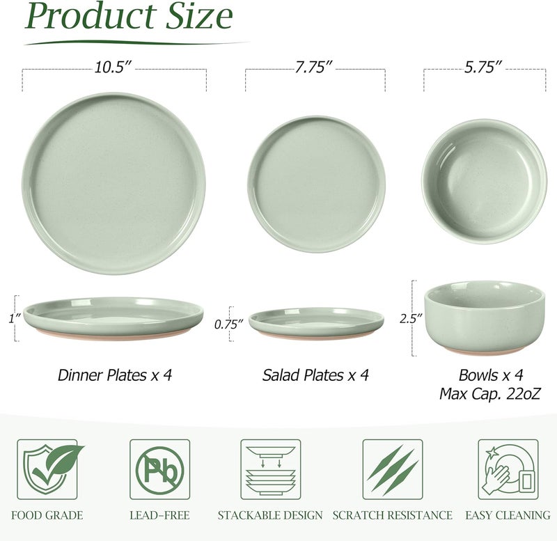 LIANYU Porcelain Dinnerware Set for 4 12 PC Stoneware Dinner Plates and Bowls Ceramic Dining Dishes Set for Dessert Salad Pasta Microwave  Dishwasher Safe Fog Green - Image 3