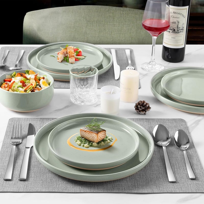 LIANYU Porcelain Dinnerware Set for 4 12 PC Stoneware Dinner Plates and Bowls Ceramic Dining Dishes Set for Dessert Salad Pasta Microwave  Dishwasher Safe Fog Green - Image 4