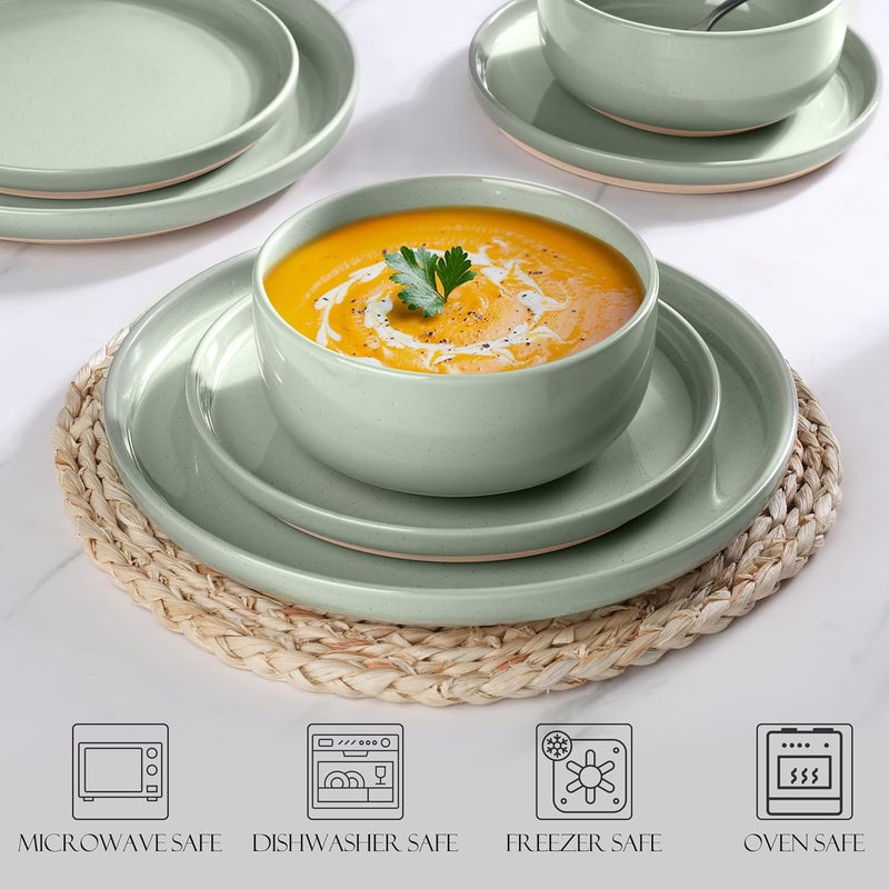 LIANYU Porcelain Dinnerware Set for 4 12 PC Stoneware Dinner Plates and Bowls Ceramic Dining Dishes Set for Dessert Salad Pasta Microwave  Dishwasher Safe Fog Green - Image 5