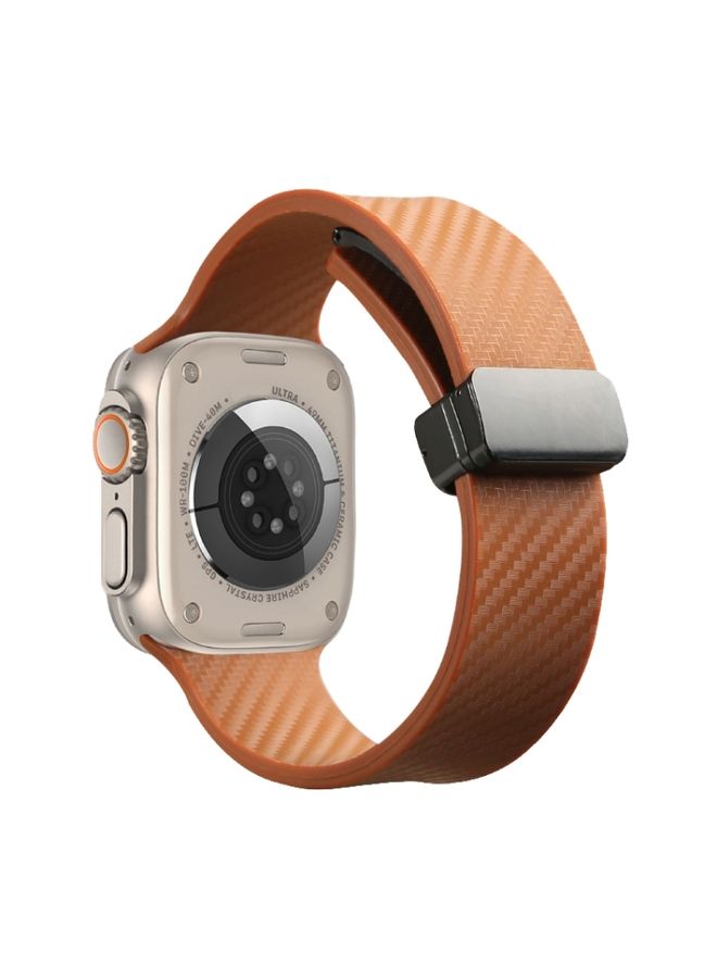 Replacement Strap For Apple Watch 9 45mm Carbon Fiber Pattern Magnetic Buckle Silicone Watch Band Brown