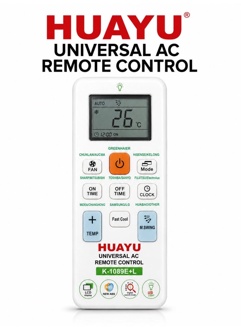 ريموت مكيف عالمي HUAYU K-1089E+L متوافق مع أكثر من 1000 نوع مكيف مع شاشة LCD وإضاءة LED - Image 1