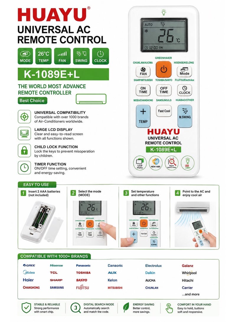 ريموت مكيف عالمي HUAYU K-1089E+L متوافق مع أكثر من 1000 نوع مكيف مع شاشة LCD وإضاءة LED - Image 2