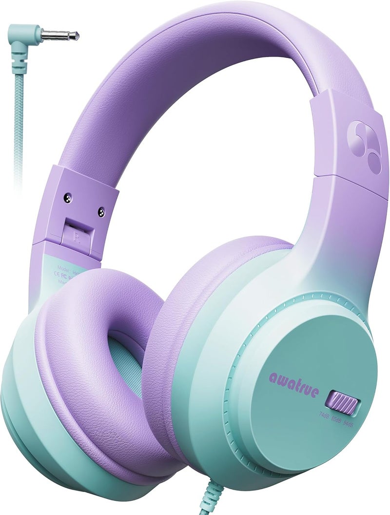awatrue Kids Headphones with Cord for School, 74/85/94dB Volume Limit, Wired Over-Ear Headphones for Kids Boys Girls, Stereo Sound 3.5mm Jack for Tablet, Kindle, YOTO Player, Airplane Travel, Purple Green - Image 1
