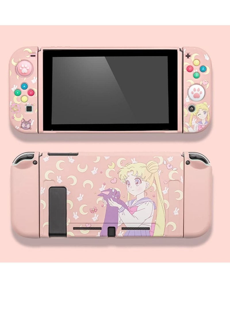 KASTWAVE Cute Protective Case for Switch OLED (2021), Sailor Moon Case Screen Protector with 2PC Cat Claw Thumb Grips Caps Silicone Soft Cover Shockproof Pink Skin Shell Anti-Scratch Case for Joy Con - Image 1