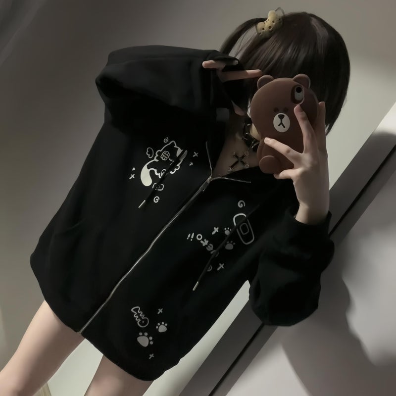Dynict Womens Y2K Zip Up Cute Graphic Hoodies Cat Ears Casual Cartoon Harajuku Kawaii Clothes Oversize Streetwear Jacket (US, Alpha, Large, Regular, Regular, Black) - Image 3