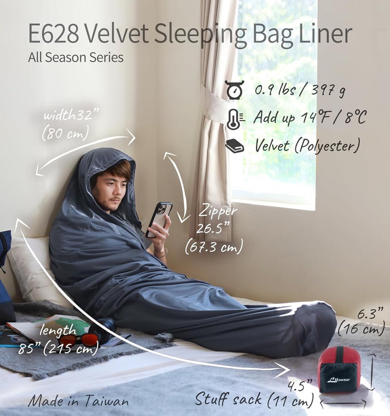 Litume Velvet Velour Sleeping Bag Liner Add Up to 14°F/ 8°C, Mummy Sleeping Sack Backpacking, Camping, Traveling, Hotel, Hostal, Lightweight Sleep Sack with Drawstring Hood E625 - Image 2
