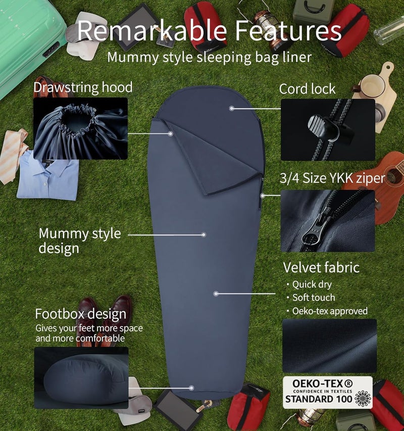 Litume Velvet Velour Sleeping Bag Liner Add Up to 14°F/ 8°C, Mummy Sleeping Sack Backpacking, Camping, Traveling, Hotel, Hostal, Lightweight Sleep Sack with Drawstring Hood E625 - Image 3