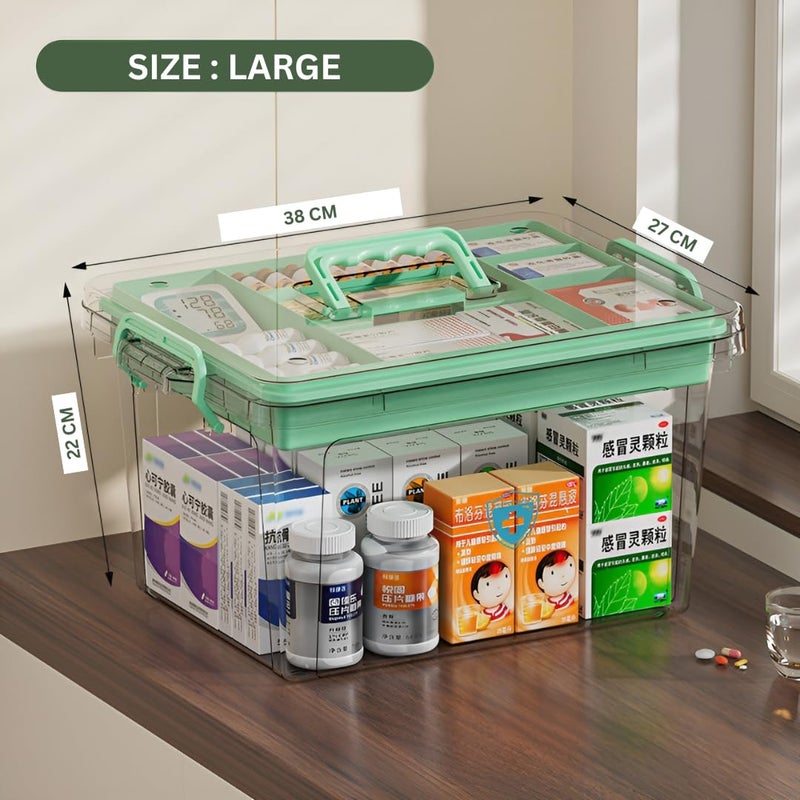 HOOPVOOL صندوق تخزين الأدوية البلاستيكي الشفاف، مجموعة الطوارئ العائلية مع علبة حبوب قابلة للإزالة حاوية محمولة قابلة للقفل، منظم للأعمال الفنية ومستحضرات التجميل (أخضر، كبير) - Image 2