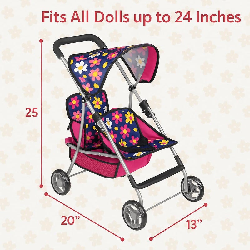 fash n kolor Twin Baby Doll Stroller - Pretend Play Baby Stroller for Dolls - Toy Stroller with Storage Basket for Baby Doll Accessories Set - Flower Design Stroller Toy for Kids - Folds Easily - Image 3