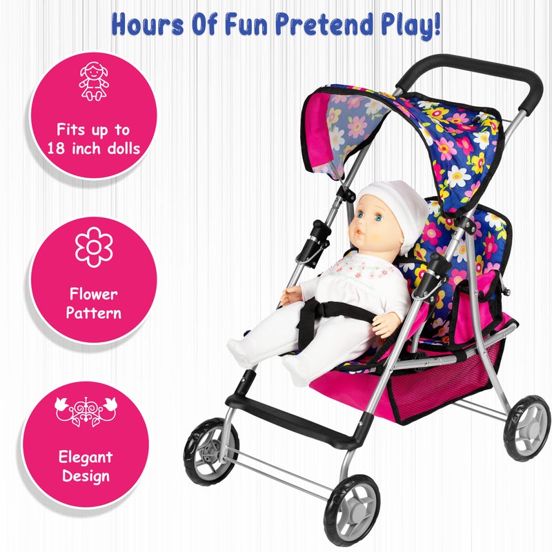 fash n kolor Twin Baby Doll Stroller - Pretend Play Baby Stroller for Dolls - Toy Stroller with Storage Basket for Baby Doll Accessories Set - Flower Design Stroller Toy for Kids - Folds Easily - Image 5