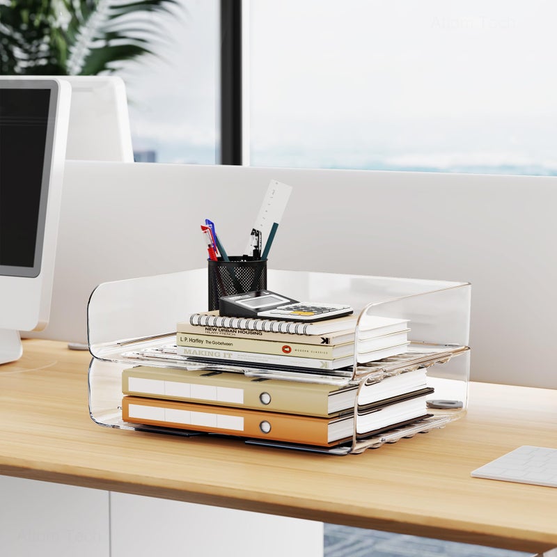 Tomorotec Desk Letter Tray Set, A4 Size Clear PET Stackable Document Organizer Office Desktop File Paper Holder Book Storage Rack Side Load Anti-Skid Stacking Support Convex Bottom (2X Landscape) - Image 2