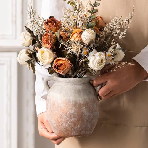 Dobbyby Ceramic Flower Small Vase 6 inch Farmhouse Rustic Vase Decorative Pottery Terracotta Vases for Home Decor Table Mantle Fireplace Living Room Bathroom Wedding Centerpiece - Image 2