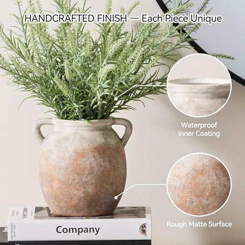 Dobbyby Ceramic Flower Small Vase 6 inch Farmhouse Rustic Vase Decorative Pottery Terracotta Vases for Home Decor Table Mantle Fireplace Living Room Bathroom Wedding Centerpiece - Image 4