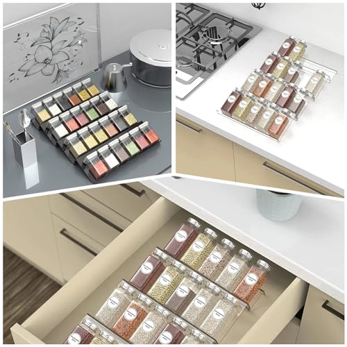 Delavala Spice Drawer Organizer, 4 Tiers 2 Set Clear Acrylic Slanted in Drawer Seasoning Jars Insert, Expandable From 13" to 26", Hold up 56 Spice Jars Kitchen Countertop Rack Tray - Image 4