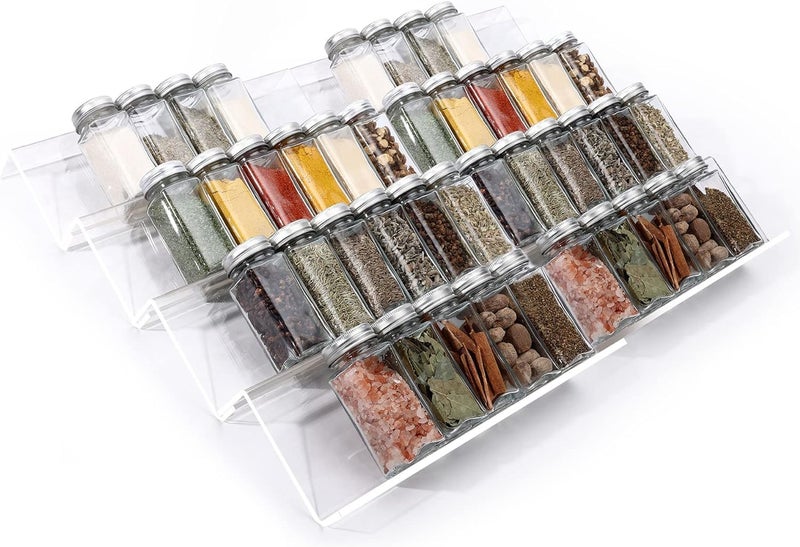 Delavala Spice Drawer Organizer, 4 Tiers 2 Set Clear Acrylic Slanted in Drawer Seasoning Jars Insert, Expandable From 13" to 26", Hold up 56 Spice Jars Kitchen Countertop Rack Tray - Image 1