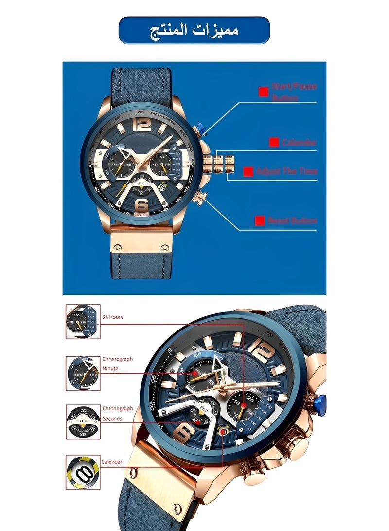 REOCLE Men's Chronograph Quartz Watch with Leather Strap & Calendar Date & Everyday Water Resistant Sport 6 Hands Watch Business Wristwatch - Image 4