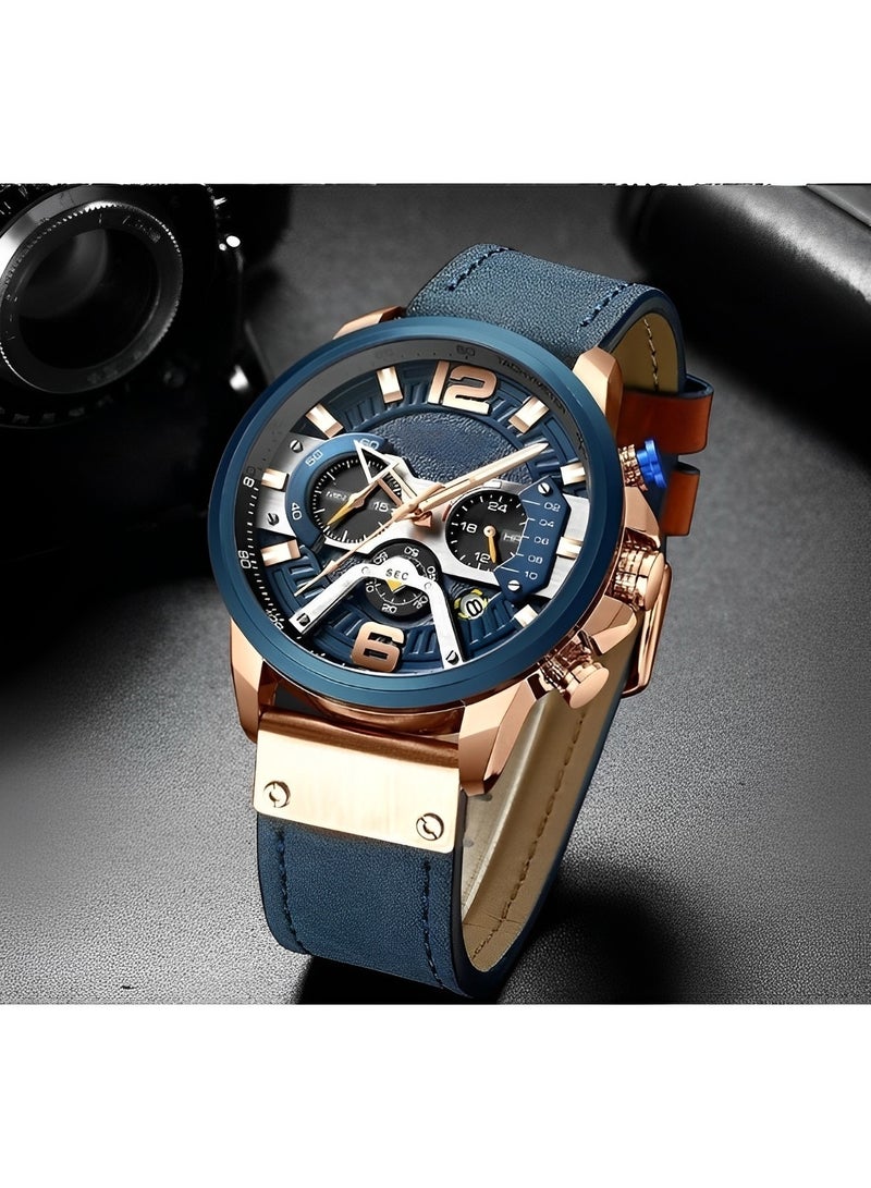 REOCLE Men's Chronograph Quartz Watch with Leather Strap & Calendar Date & Everyday Water Resistant Sport 6 Hands Watch Business Wristwatch - Image 1