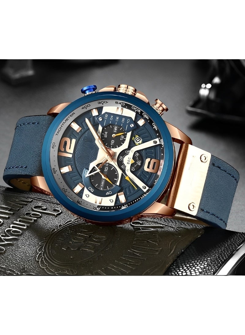 REOCLE Men's Chronograph Quartz Watch with Leather Strap & Calendar Date & Everyday Water Resistant Sport 6 Hands Watch Business Wristwatch - Image 2