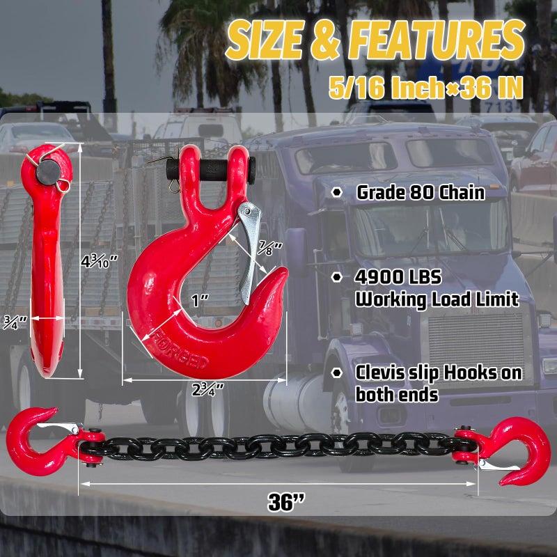 SENKEYFE 5/16" Trailer Safety Chains G80 Tow Chains with G70 Clevis Safety Hooks|36" Heavy Duty 4900 lbs Safety Working Load 17000 lbs Break Strength Transport Chains |Truck Binding Chains (2 Pack EP Black) - Image 2