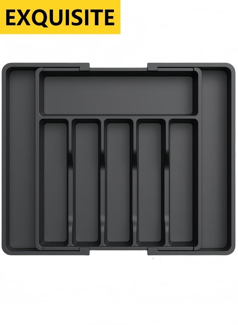 Exquisite Silverware Drawer Organizer, Expandable Utensil Tray for Kitchen, BPA Free Flatware and Cutlery Holder, Adjustable Plastic Storage for Spoons Forks Knives, Large, Black,33-57*38*5 CM - Image 1