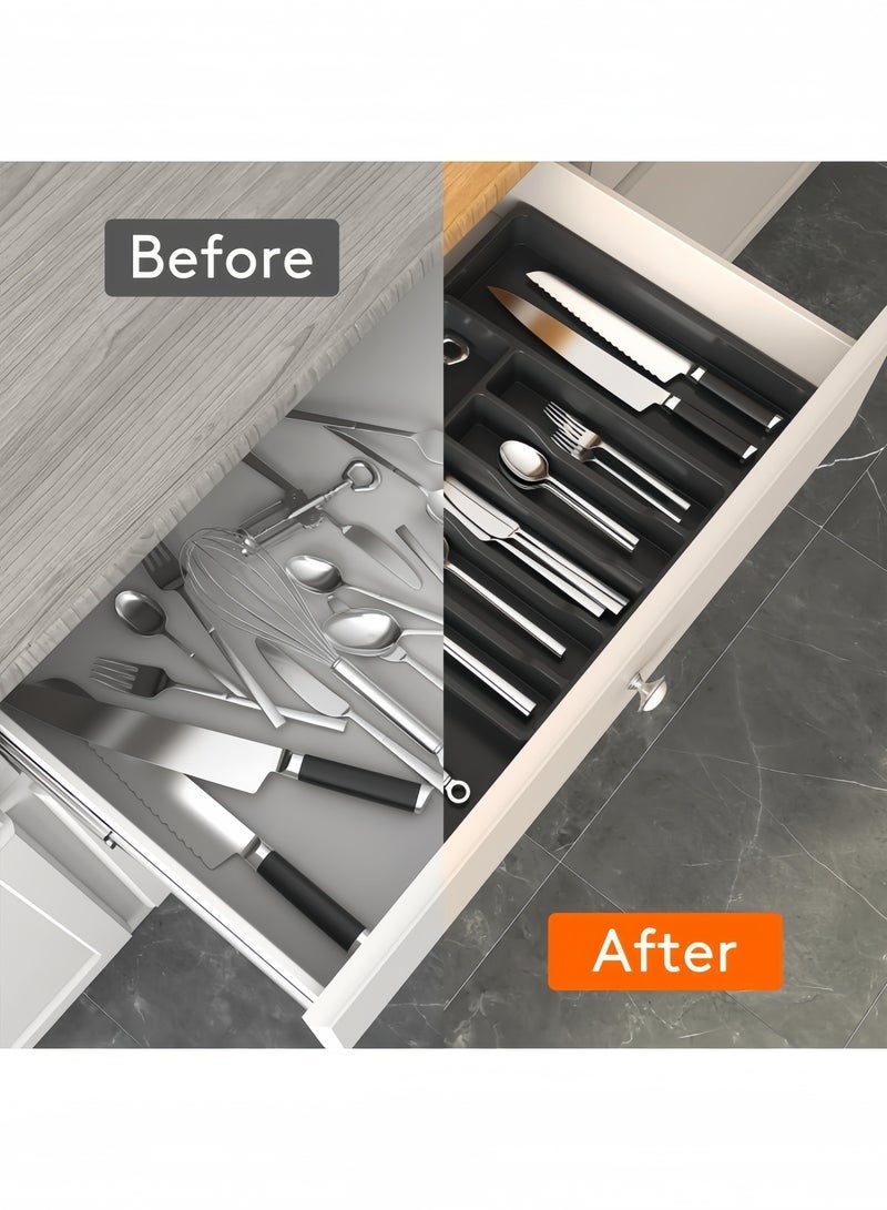 Exquisite Silverware Drawer Organizer, Expandable Utensil Tray for Kitchen, BPA Free Flatware and Cutlery Holder, Adjustable Plastic Storage for Spoons Forks Knives, Large, Black,33-57*38*5 CM - Image 5