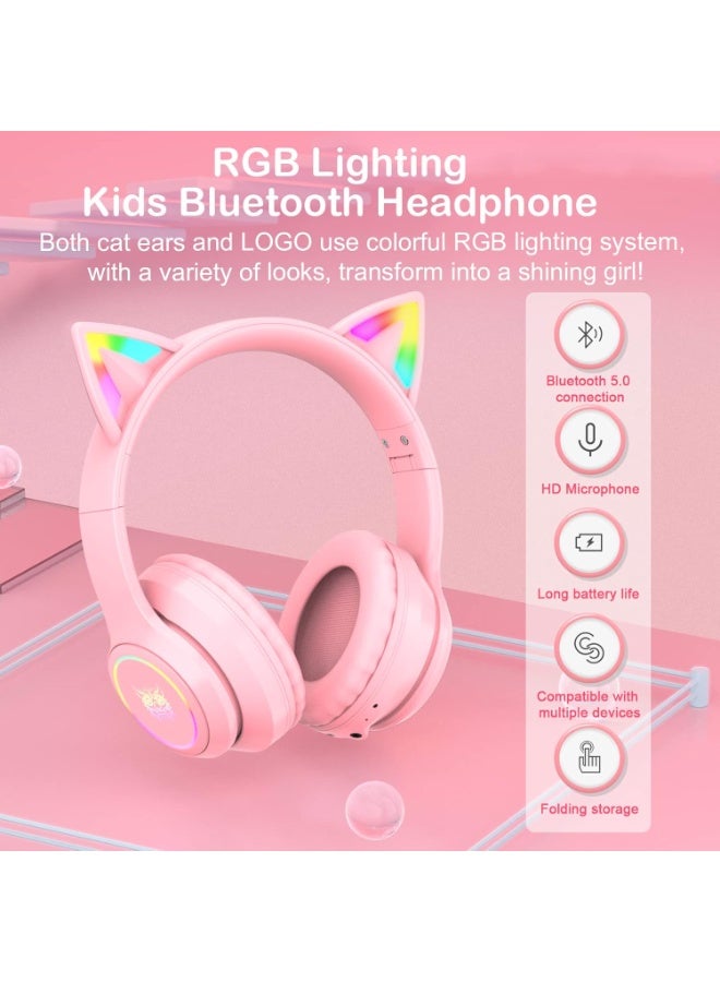 onikuma B90 Bluetooth Cat Ear Headphones for Kids & Adults, Wireless & Wired Mode Foldable Headset with Mic - Clear Sound Quality - RGB LED Light, for Girls School Gaming, for Phone/Laptop/PC/Tablet, Pink - Image 2
