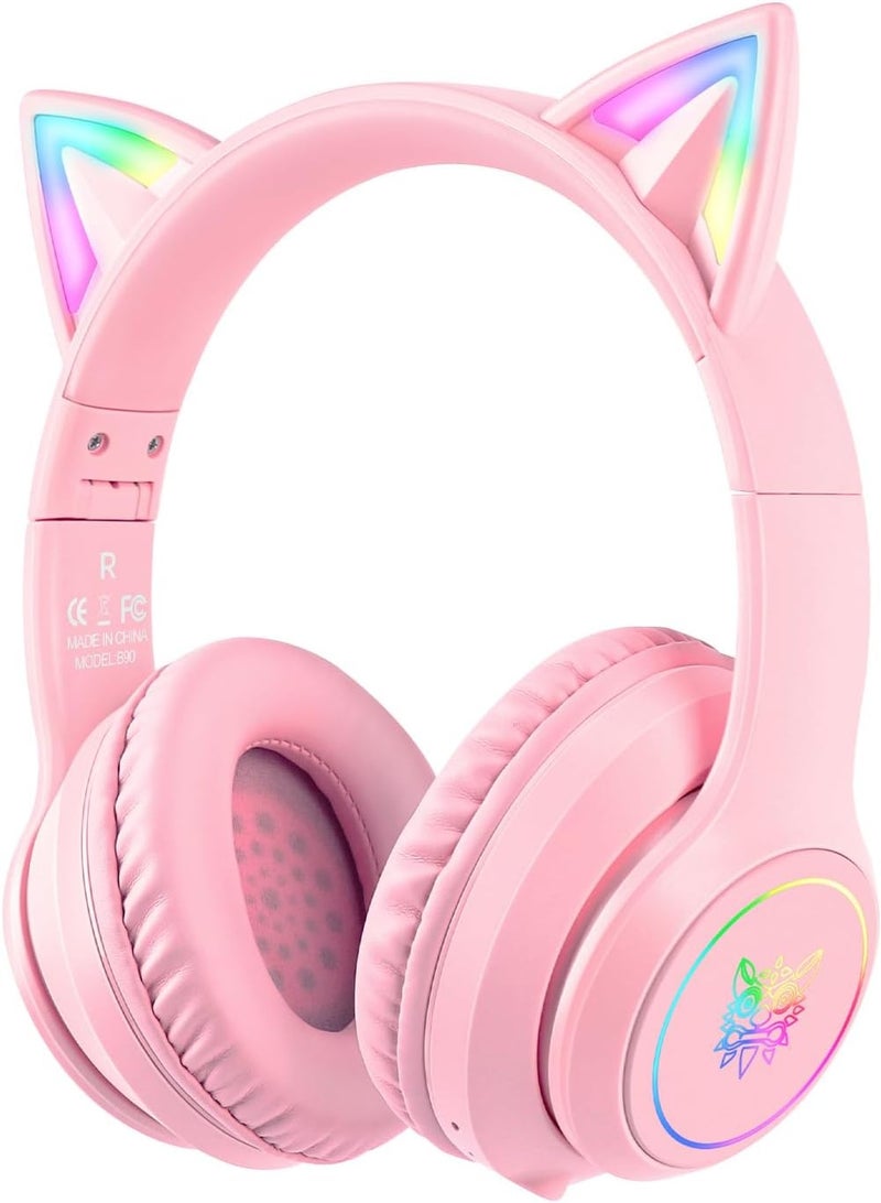 onikuma B90 Bluetooth Cat Ear Headphones for Kids & Adults, Wireless & Wired Mode Foldable Headset with Mic - Clear Sound Quality - RGB LED Light, for Girls School Gaming, for Phone/Laptop/PC/Tablet, Pink - Image 1