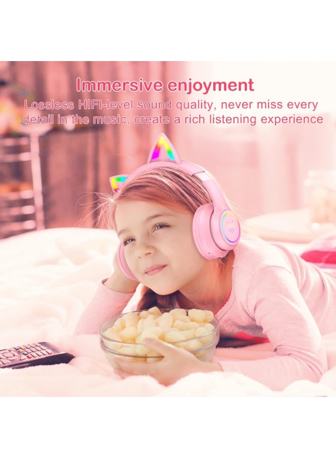 onikuma B90 Bluetooth Cat Ear Headphones for Kids & Adults, Wireless & Wired Mode Foldable Headset with Mic - Clear Sound Quality - RGB LED Light, for Girls School Gaming, for Phone/Laptop/PC/Tablet, Pink - Image 5