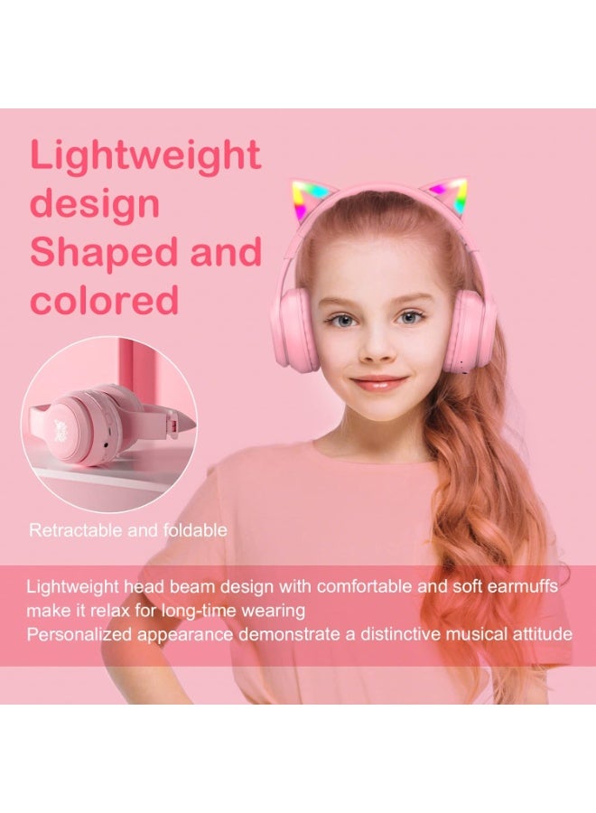 onikuma B90 Bluetooth Cat Ear Headphones for Kids & Adults, Wireless & Wired Mode Foldable Headset with Mic - Clear Sound Quality - RGB LED Light, for Girls School Gaming, for Phone/Laptop/PC/Tablet, Pink - Image 3