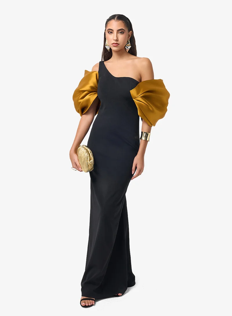 Threadz by Ajooni Puff Sleeve One Shoulder Maxi Dress