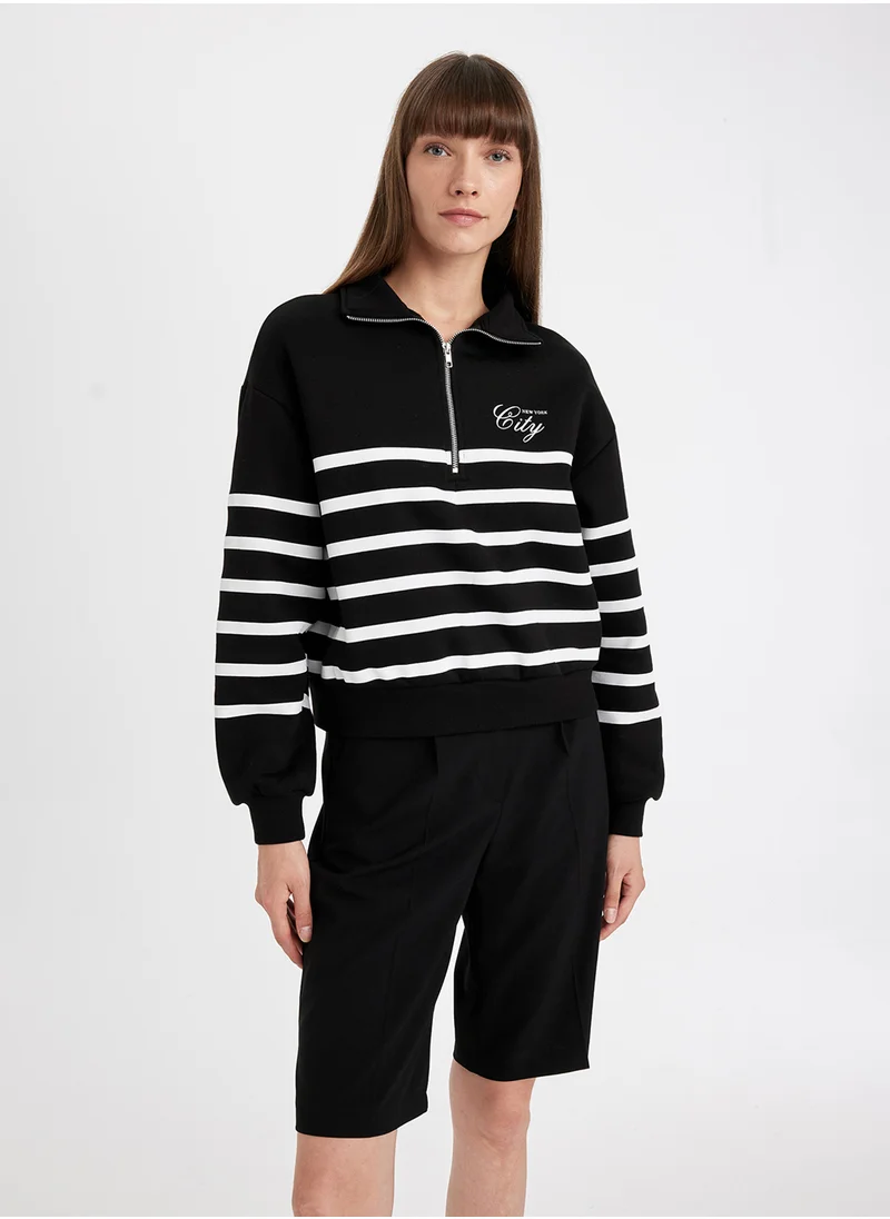 ديفاكتو Black Regular Fit Half Zipper Stand Collar Striped Thick Casual Sweatshirt