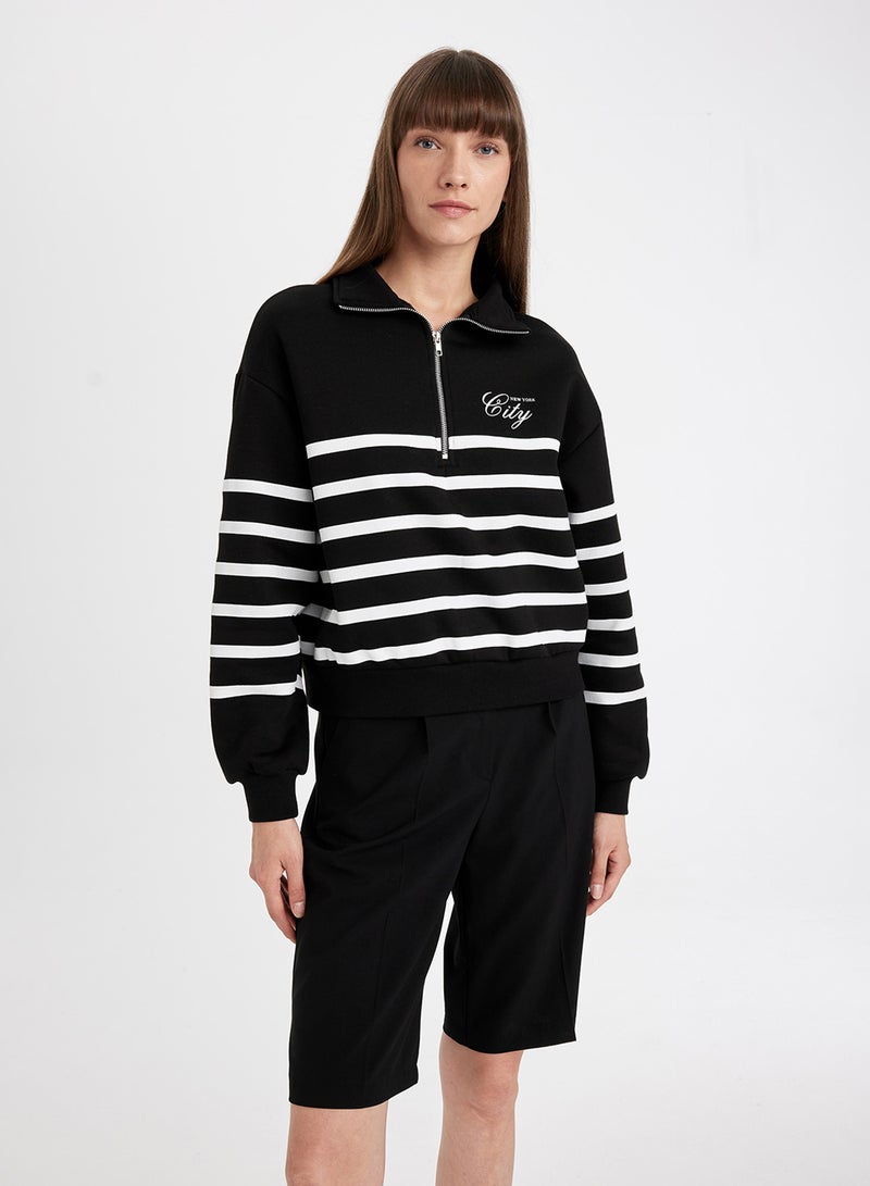 DeFacto Black Regular Fit Half Zipper Stand Collar Striped Thick Casual Sweatshirt  - Image 1