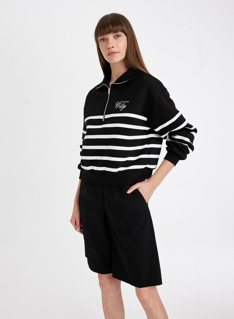 DeFacto Black Regular Fit Half Zipper Stand Collar Striped Thick Casual Sweatshirt  - Image 3