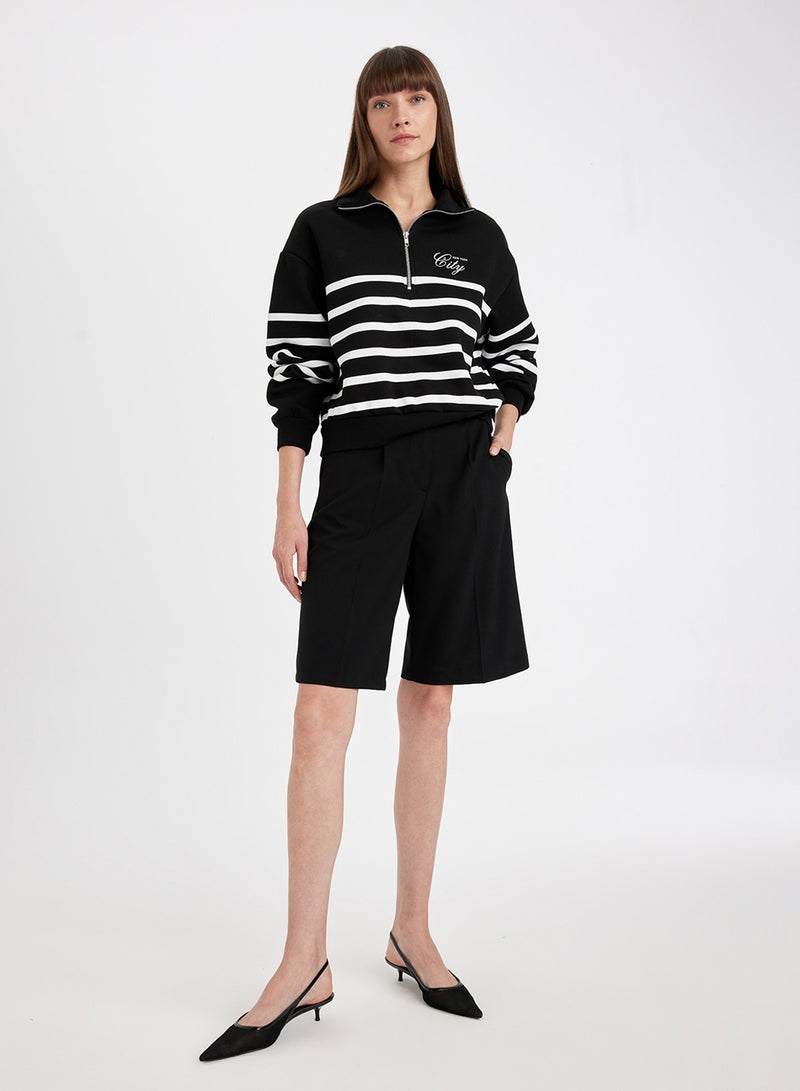 DeFacto Black Regular Fit Half Zipper Stand Collar Striped Thick Casual Sweatshirt  - Image 4