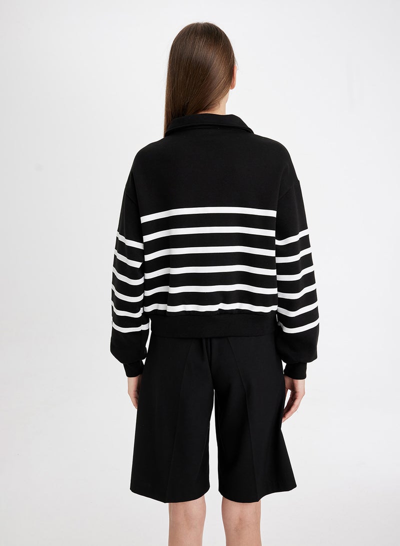 DeFacto Black Regular Fit Half Zipper Stand Collar Striped Thick Casual Sweatshirt  - Image 2