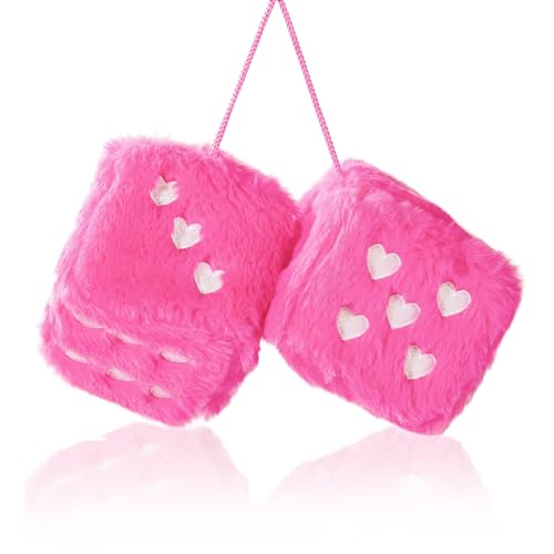 ORNALES Heart Embroidered Fuzzy Dice for Car Mirror 3 Inch Soft Plush Hanging Dice Vintage Couple Car Decoration AccessoriesRose Red - Image 1