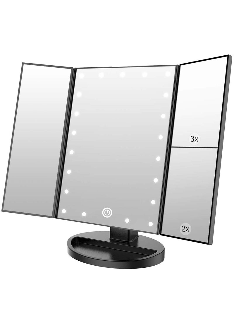 WEILY WEILY Makeup Mirror with 21 LED Lights,Two Power Supply Modes, Adjustable Touch Screen and 1x/2x/3x Magnification Tri-Fold Vanity Mirror,Chargeable Travel Cosmetic Mirror for Desktop (Black) 