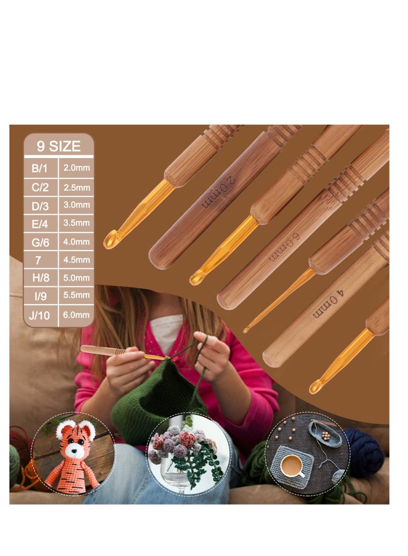 إكسفور Crochet Hooks Set, 9 Pieces 2.0-6.0mm Size Crochet Needles, with Bamboo Handles Hooks Knitting Needles Set, Ergonomic Crochet Hooks, for Beginners Knitter Enthusiasts - Image 3
