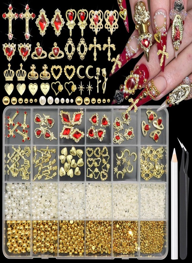 BELICEY Gold Nail Charms 3D Cross Heart Nail Art Jewelry Alloy Crown Rose Star Charms for Nails Shiny Golden Beige Pearl Charms and Gems Rhinestones for Nails Decoration Manicure Design Crafts - Image 1