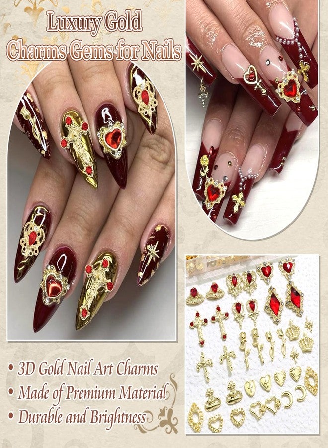 BELICEY Gold Nail Charms 3D Cross Heart Nail Art Jewelry Alloy Crown Rose Star Charms for Nails Shiny Golden Beige Pearl Charms and Gems Rhinestones for Nails Decoration Manicure Design Crafts - Image 4