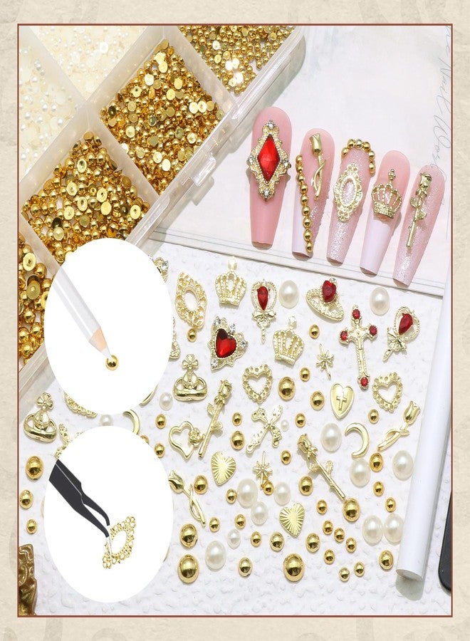 BELICEY Gold Nail Charms 3D Cross Heart Nail Art Jewelry Alloy Crown Rose Star Charms for Nails Shiny Golden Beige Pearl Charms and Gems Rhinestones for Nails Decoration Manicure Design Crafts - Image 5
