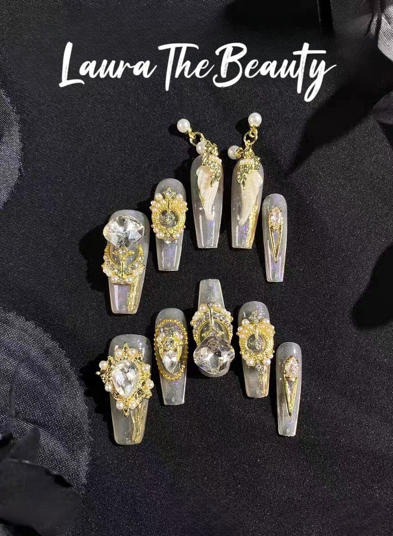 LauraTheBeauty 【GoldenQueen】10 Pcs Rhinestone Nail Art False Nails Short Square Fake Nails Press on Nails with Wearing Tools - Image 1