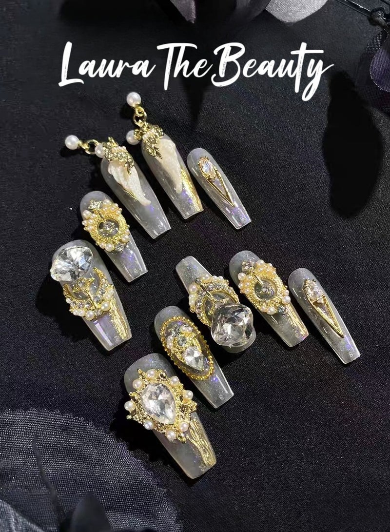 LauraTheBeauty 【GoldenQueen】10 Pcs Rhinestone Nail Art False Nails Short Square Fake Nails Press on Nails with Wearing Tools - Image 2