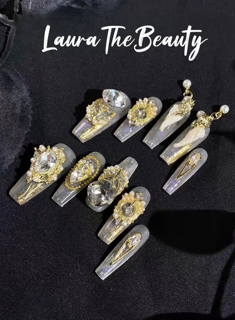 LauraTheBeauty 【GoldenQueen】10 Pcs Rhinestone Nail Art False Nails Short Square Fake Nails Press on Nails with Wearing Tools - Image 3